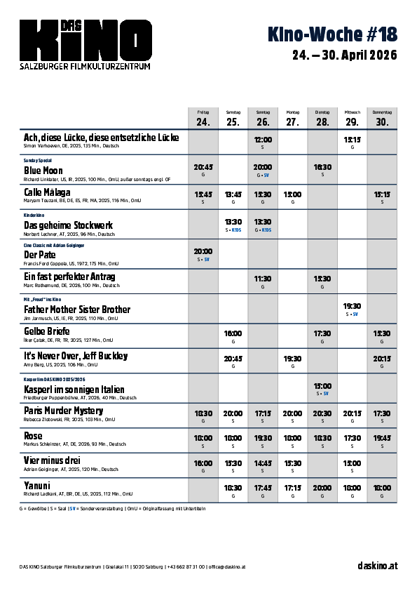 Wochenplan nächste Woche